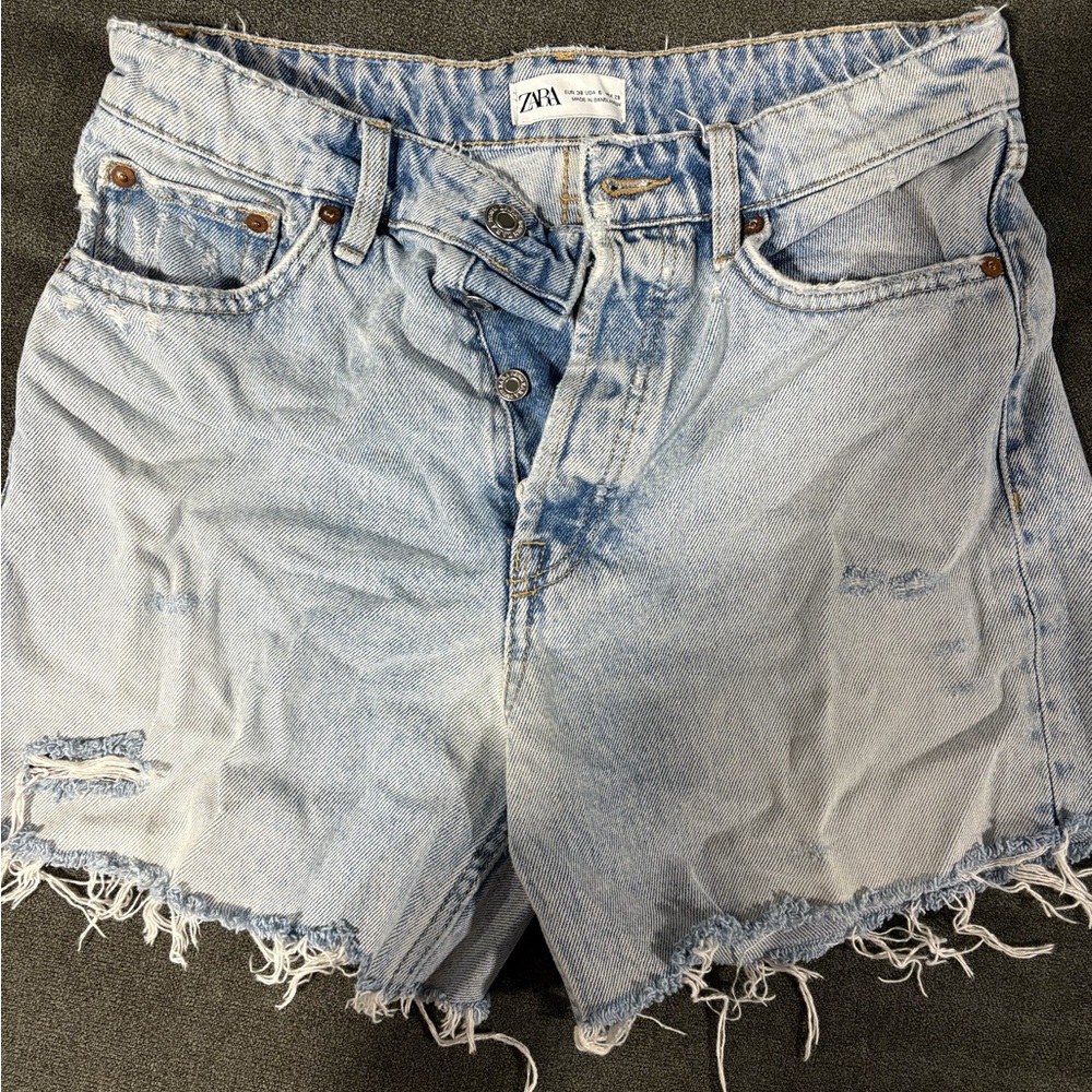 Zara Light Blue Frayed Denim Shorts
